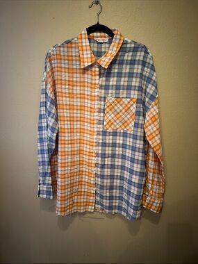 Two-Tone Orange & Blue Plaid Button-Down Shirt